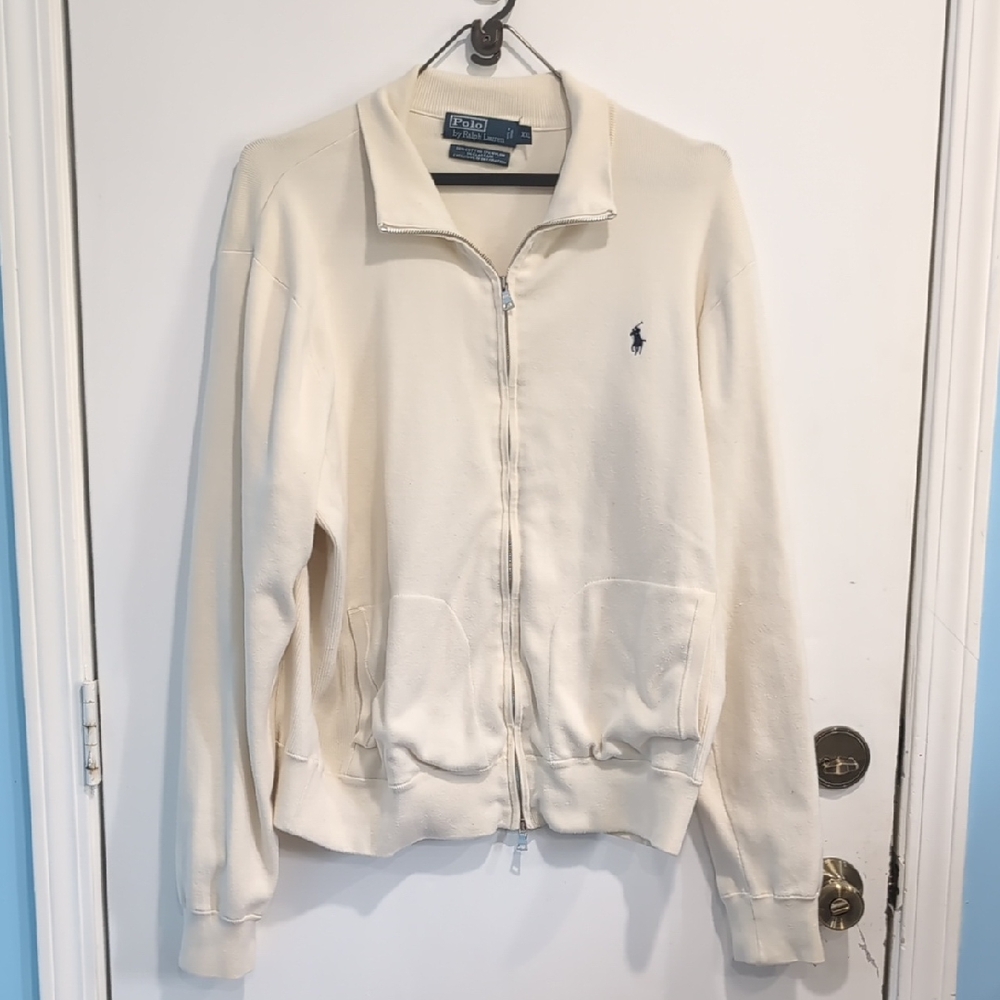 Ralph Lauren Cream Ribbed Full Zip Sweater Jacket Size XXL Y2K Preppy